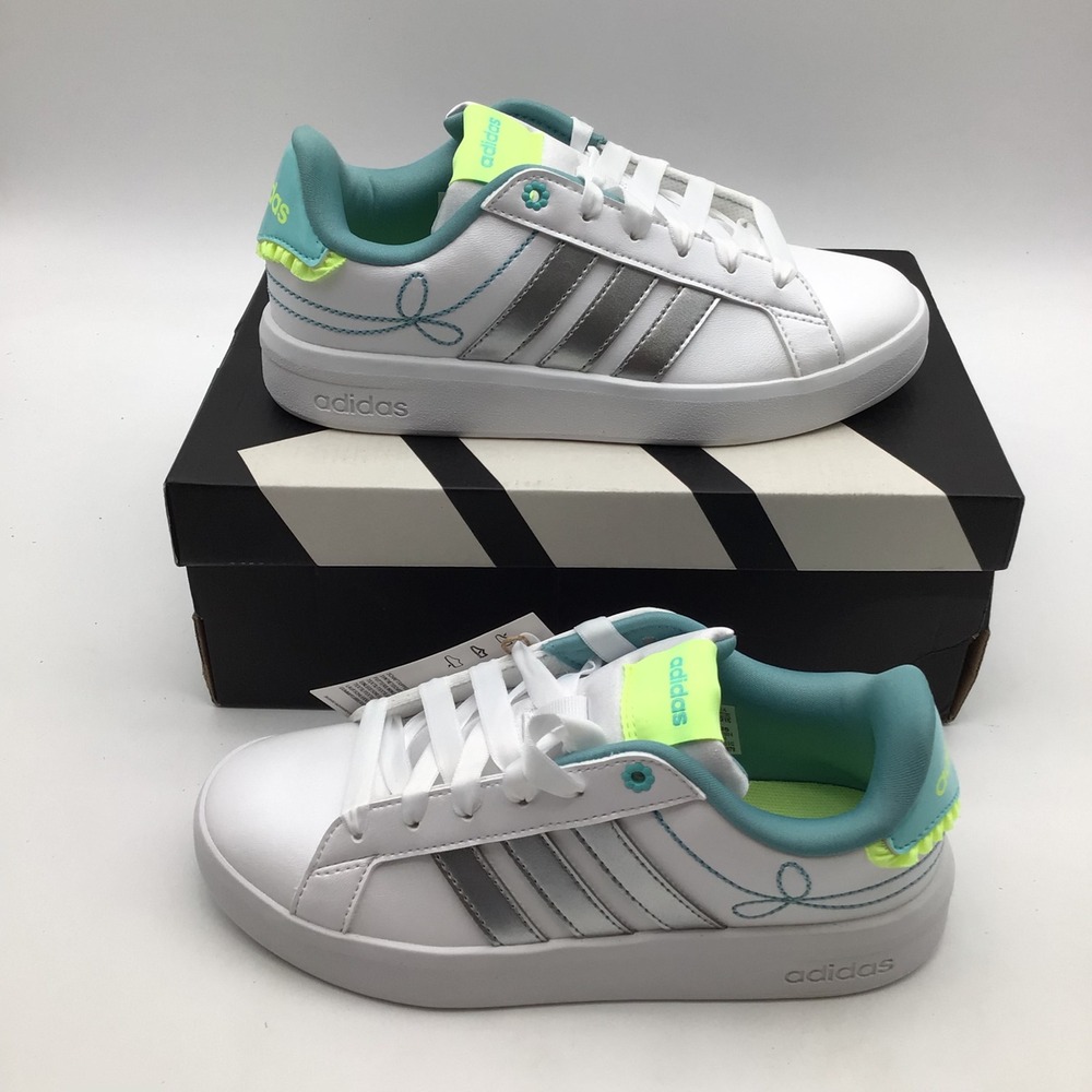 Adidas Grand Court 3.0 Girls J White Silver Teal Sneakers KH8834 Size 3.5 Y NEW